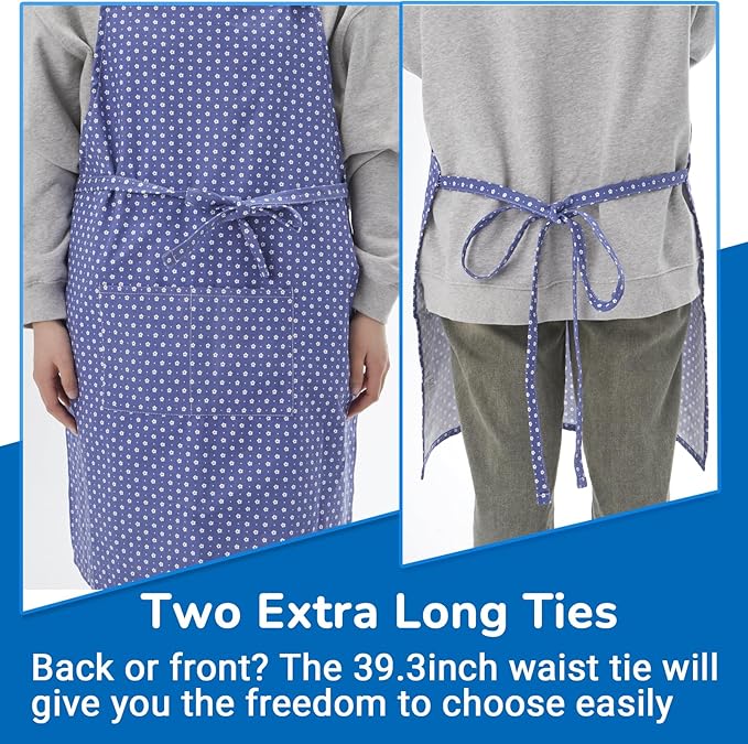 Aprons for Women with 2 Pockets, Adjustable Floral Cotton Kitchen Apron for Cooking Baking,Chef Apron, Artist or Garden Apron (Blue Floral)