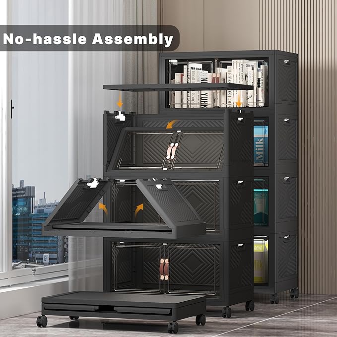 UAMFURI Stackable Storage Bins with Lids & Wheels & Door, Foldable Collapsible Closet Organizers, Extra Large Plastic Storage Drawers for Bedroom Dorm Office Garage (Dark-55qt, 4Pack with 1 top lid)