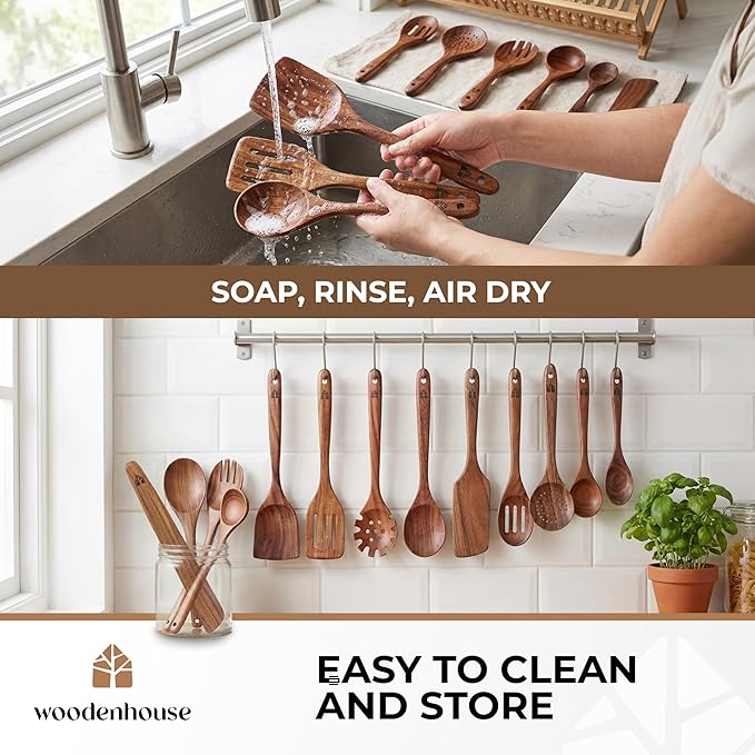 Wooden Spoons for Cooking – 13 Pcs Premium Teak Wooden Utensil Set - Durable, Safe for Nonstick Cookware, Easy to Clean & Heat Resistant Kitchen Utensils Set Wood with Ergonomic Handles