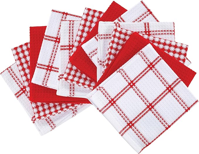 T-Fal Premium Waffle Dish Cloths: Highly Absorbent, Super Soft Long Lasting - 100% Cotton, 12"x13" Towel for Cleaning & Drying, (12-Pack), Red