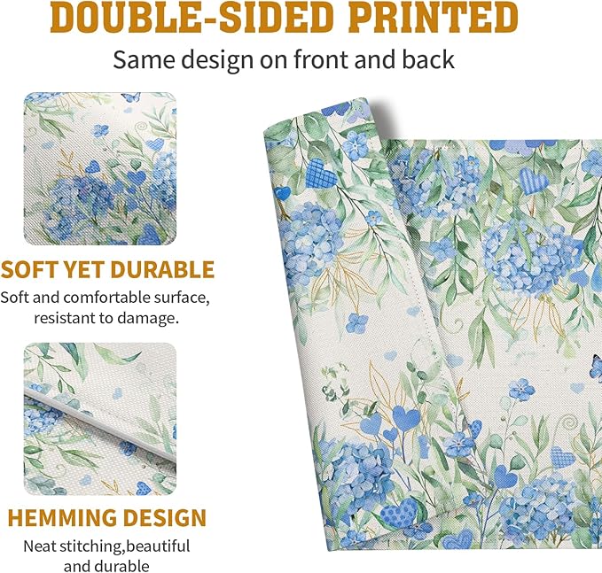 Hydrangea Spring Summer Placemats Set of 4 Sage Green Eucalyptus Leaves Blue Floral Butterfly Placemat 12x18 Inch Seasonal Holiday Table Place Mats for Farmhouse Kitchen Dining Decor