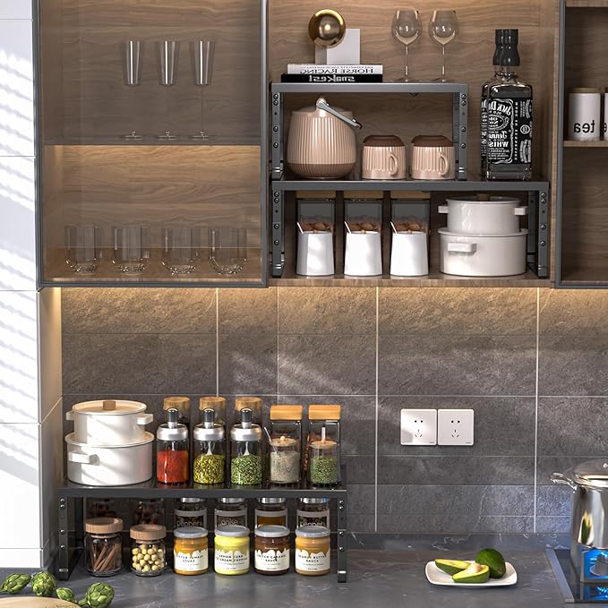 Expandable Adjustable Cabinet Shelf Organizer - Stackable Metal Spice Rack for Kitchen Pantry, Countertop, Cupboard & Bathroom (1Pack/Black,Large)