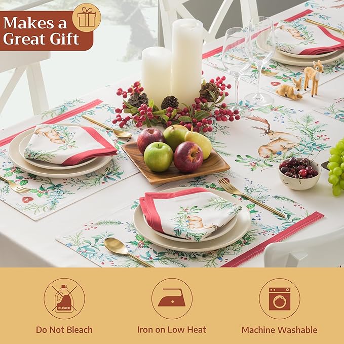 Maison d' Hermine Cloth Napkins Set of 4 100% Cotton for Thanksgiving Christmas Decorations Everyday Reusable Square Fall Napkins Cloth Washable Dinner Party (Holly Time, 20"x20")