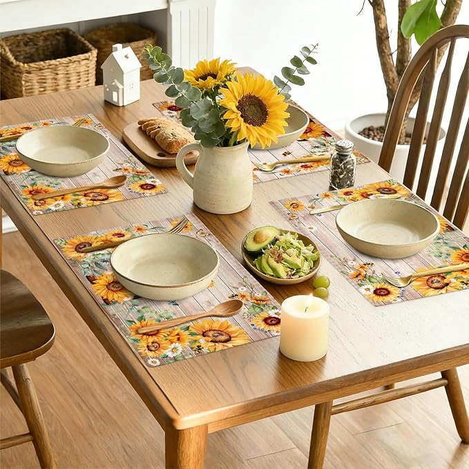 comfoyar Summer Sunflower Gnome Placemats Set of 4, 12x18 Inch Non-Slip Linen Daisy Floral Bee Place Mats, Washable Absorbent Table Mats for Kitchen Dining Party Table Decoration
