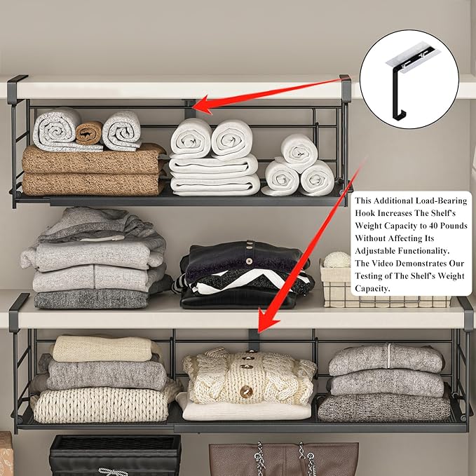 Expandable Under Cabinet Shelf, Extendable Under Shelf Storage with Removable Wire-Like Back for Pantry Cabinet, Laundry Room, Shoe Rack. (Black, 2 Pack, Interior: 5" H x 10" D)