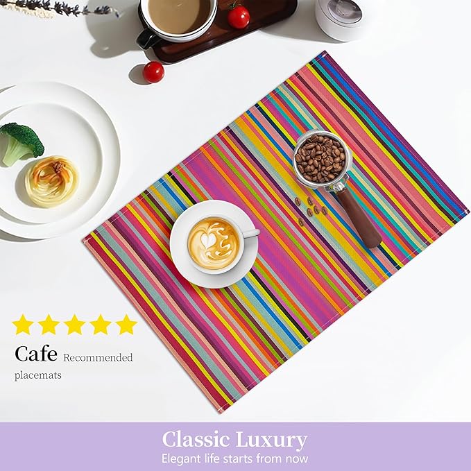 Bloss Mexican Placemats Set of 4, Linen Woven Rainbow Place Mats for Kitchen Table Indoor/Outdoor, 12" x 18" Washable Placemat Dining Table Mats