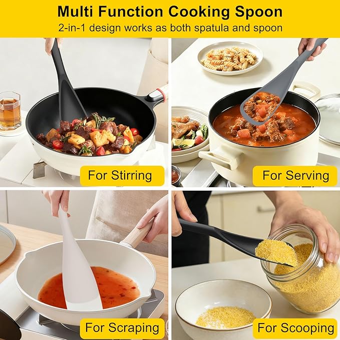 Beijiyi 3 Pack Silicone Spatula Spoon, 12.6 In, Multifunction Kitchen Cooking Spoons, Great for Nonstick Cookware Cooking and Serving, BPA-Free Seamless Design, Multicolor (Black/Grey/Khaki)