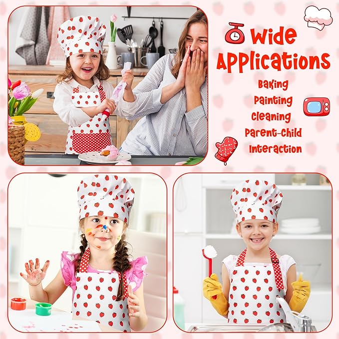 R HORSE Kid Apron and Chef Hat Set - 2Pcs Strawberry Adjustable Children Kitchen Toddler Apron for Girls, Role Play Chef Toy Cooking Baking Painting and Training Kits Kid Funny Cooking Birthday Gift