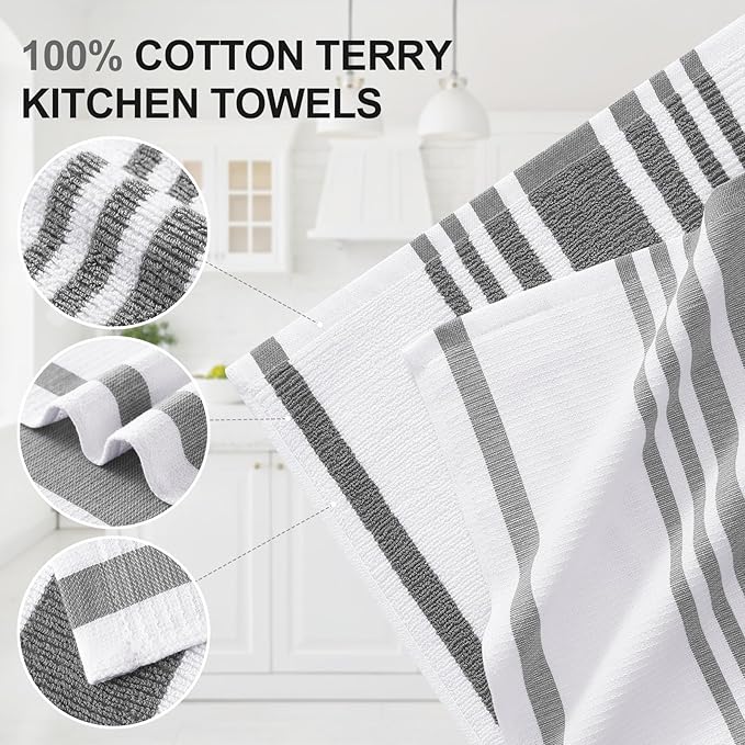 Homaxy Premium Kitchen Towels 18”x 28”, Large Cotton 380 GSM Kitchen Hand Towels, Stripe and Terry Dish Towel, Highly Absorbent Tea Towel Set with Hanging Loop, 8 Pack, Grey