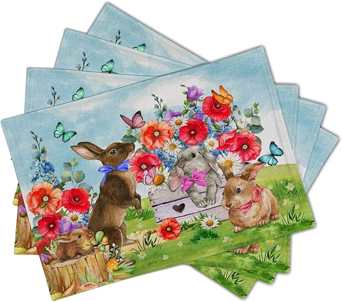 Easter Rabbit Floral Place Mats - Bunny Placemats Set Spring Flowers Colth Table Mats for Home Kitchen 12x18 in