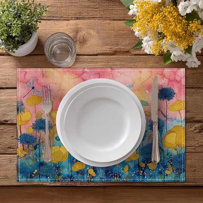 HOMETITUTE Linen Placemats Set of 4 12x18 inch Spring Table Mats for Dining Table Colorful Floral Farmhouse Decorations Kitchen Decor Desk Mat for Outdoor Home Party Kitchen Seasonal Dining Decor
