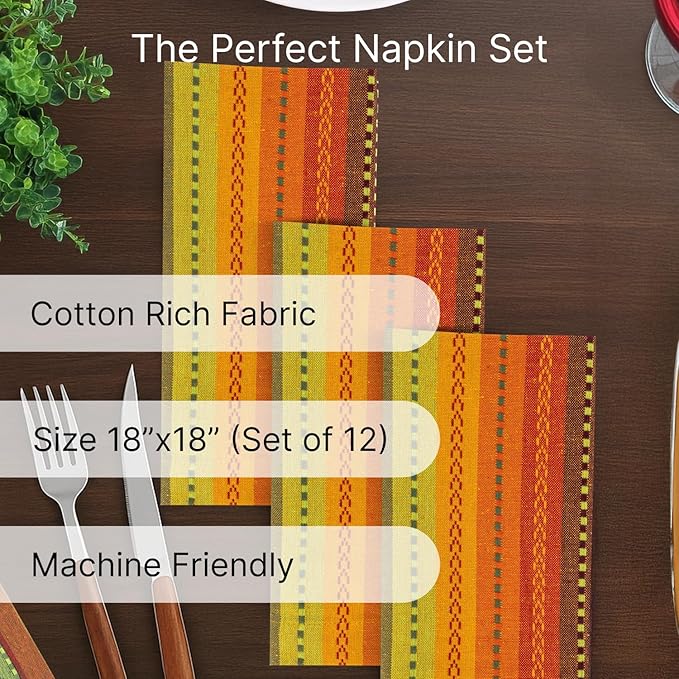 LFH Home Cotton Rich Cloth Salsa Napkin Set of 12 Washable Soft Durable Striped Table Napkins for Dining Wedding Daily Use Reusable Eco-Friendly Fabric Napkins (18x18)-Orange Multi Thanks Giving