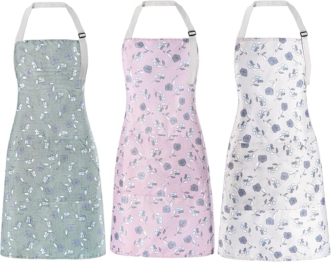 Apron for Women with Pockets, 3 PCs Waterproof Floral Apron with Adjustable Neck Strap for Cooking, Baking, Gardening, Art Craft