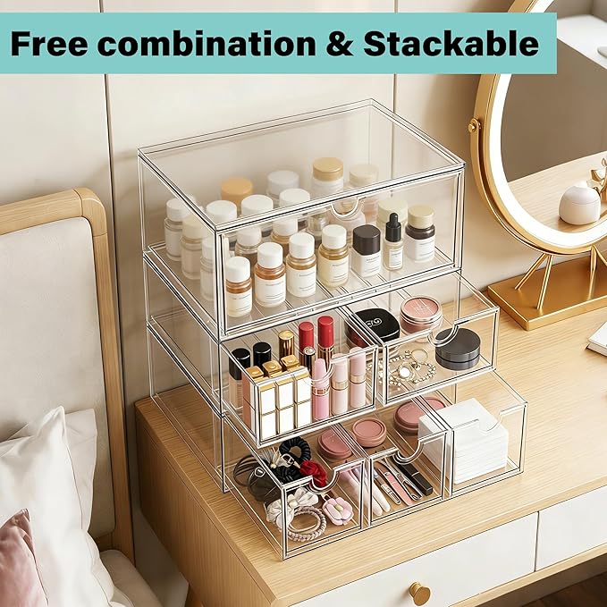 Prsildan Acrylic Makeup Organizer, 2 Pack Stackable Clear Storage Drawers for Baby Bottles Desk Organizers with 2 Drawers for Countertop Vanity Nursery Modular System for Cosmetics Jewelry