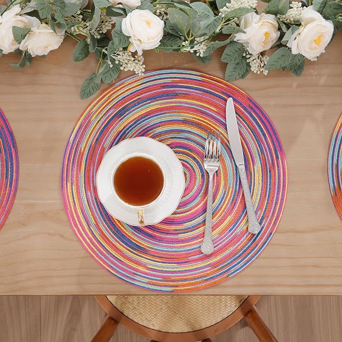 SHACOS 15 inch Round Placemats Set of 6 Variegated Multicolor Place Mats Cotton Polyester Braided Non Slip Washable Heat Resistant Table Mats for Home Wedding Dinner Party Table Decor, Rainbow Pink