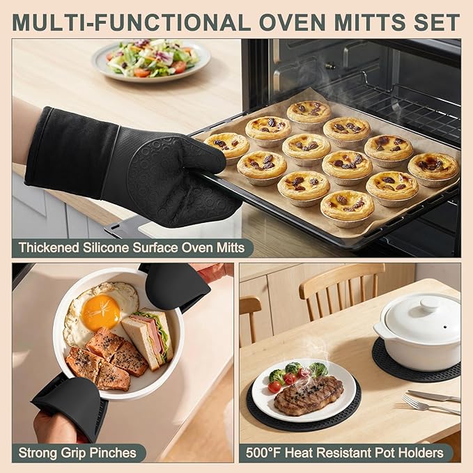 sungwoo 6pcs Silicone Oven Mitts and Pot Holders Sets, 14.6 Inch Heat Resistant Oven Gloves with Quilted Liner Non-Slip Textured Grip Perfect for BBQ, Baking, Cooking and Grilling Black