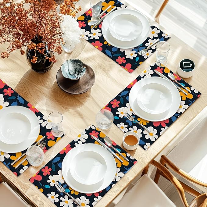 Cotton Linen Waterproof Placemats Set of 4, Wildflower Dining Mat Table Mats Decor Fabric for Kitchen Dinner Coffee Shop Table, Indoor/Outdoor Washable Wipeable Placemat -N035