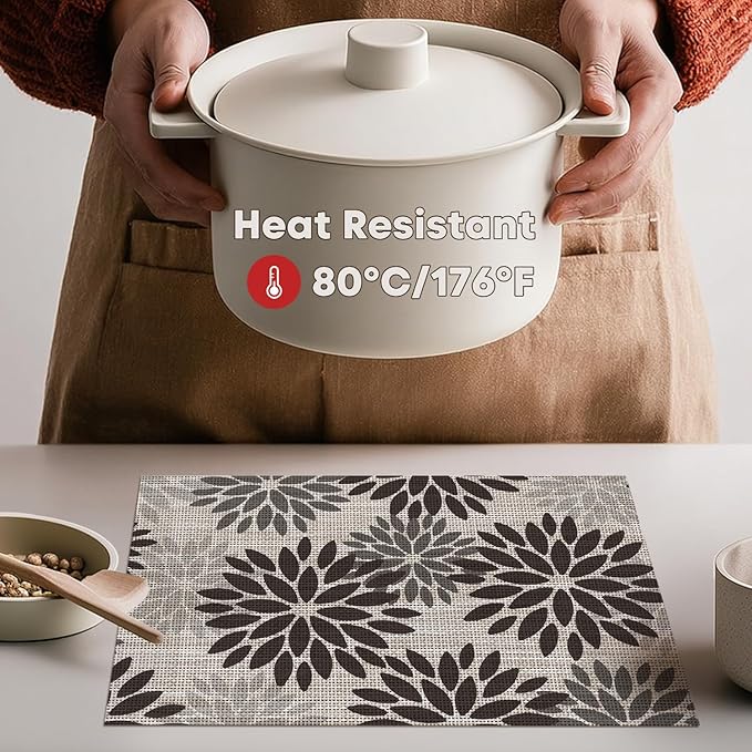 Artoid Mode Floral Vinyl Placemats Set of 6, Heat Resistant Washable Non-Slip Plastic PVC Halloween Place Mats for Party Kitchen Dining Decor, Black