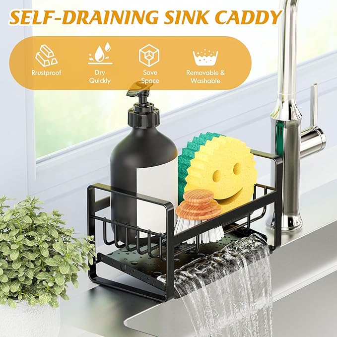 Kontoyo Sponge Holder for Kitchen Sink,Stainless Steel Kitchen Sink Organizer with Auto Draining Tray,Kitchen Countertop Soap Dispenser Organizer,Black