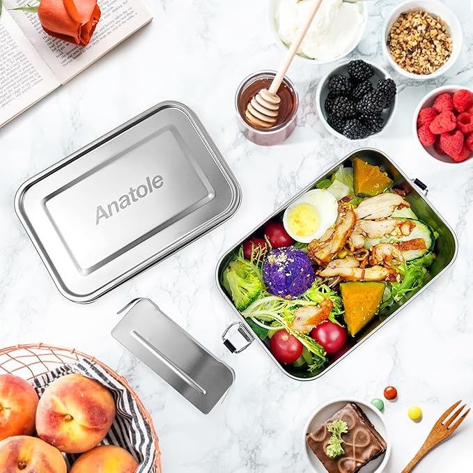 Anatole 304 Stainless Steel Bento Box 47oz 1400ml Leak-Proof Lunch Box with Removable Divider BPA Free Dishwasher Safe Food Container for Adults Office Camping Picnic Travel