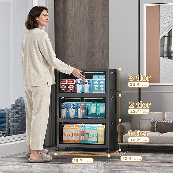 UAMFURI Stackable Storage Bins with Lids & Wheels & Door, Foldable Collapsible Closet Organizers, Extra Large Plastic Storage Drawers for Bedroom Dorm Office Garage (Dark-55qt, 6Pack with 2 top lids)
