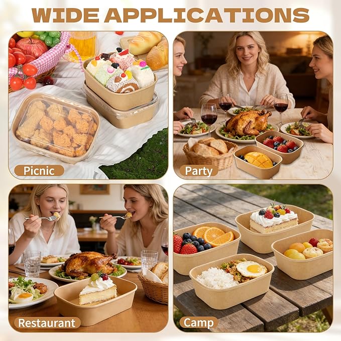 50 Pack 17oz Disposable Kraft Paper Bowls with Lids, Rectangle Meal Prep Containers Bulk, Large Paper Salad Bowl, Leakproof Food Containers Treat Soup Serving Bowls, Microwave Safe for Hot/Cold Food