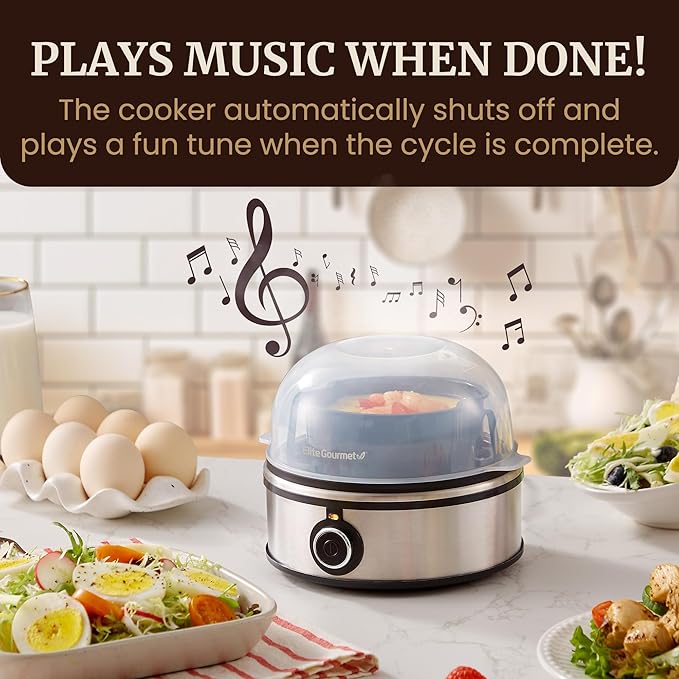 Elite Gourmet EGC855SS Easy Egg Cooker, 7-Egg Capacity, Soft, Medium, Hard-Boiled, Omelets, Poached Eggs, Plays Melody when Done, Auto Shut-Off, Measuring Cup, Stainless Steel
