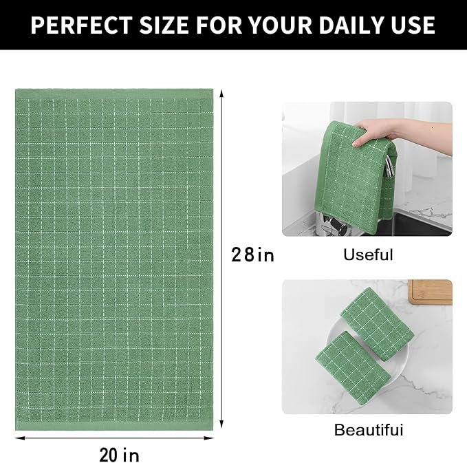 Homaxy 100% Cotton Terry Kitchen Towels(Grass Green, 20 x 28 inches), Checkered Designed, Soft and Super Absorbent Dish Towels, Large 8 Pack