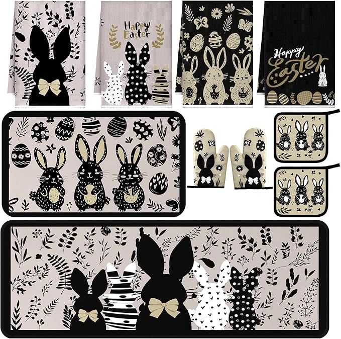 Fourluoo 10 Pcs Easter Bunny Kitchen Decor Set Easter Kitchen Towels Oven Mitts and Pot Holder Spring Eggs Flowers Rugs and Mats Black Rabbit Gloves Potholders for Farmhouse Rustic Baking Cooking BBQ