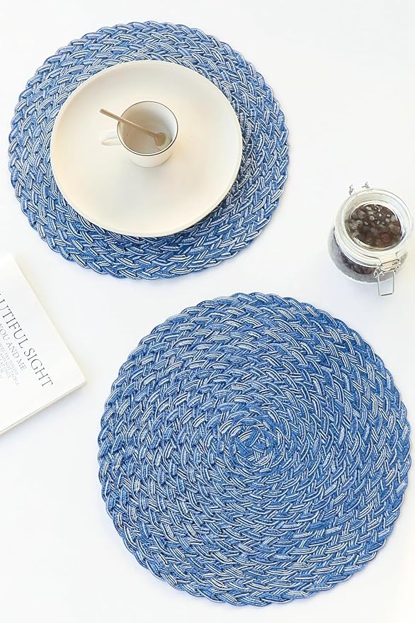 Floroom 15 Inch Round Braided Placemats Set of 4, Washable Heat Resistant Cotton Polyester Circle Boho Place Mats for Kitchen Dining Table - Seascape Blue