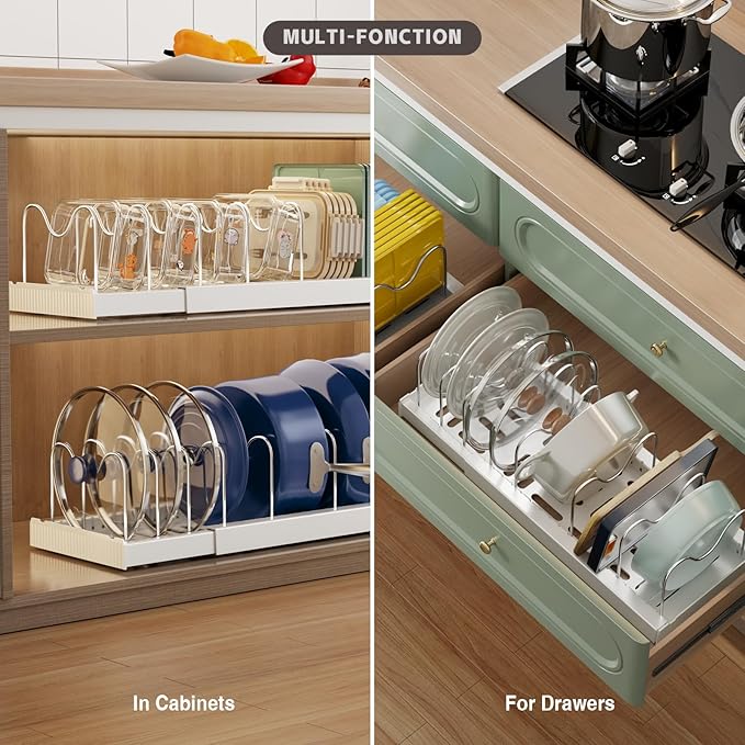 Magheo 2 Pack Expandable Food Storage Container Lid Organizers, 22" Pots and Pans Organizer Under Cabinet with 9 Adjustable Dividers Pot and Pan Lid Holders Rack Inside Cabinet(White)