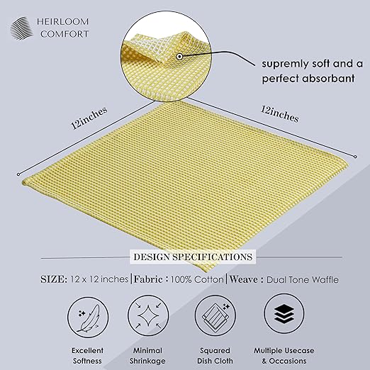 Dual Waffle Weave Dish Cloth, 12 Pack, 12x12 Inch, 100% Cotton, Reversible, Super Absorbent, Quick Dry, Soft for Cleaning, Durable Dishcloth Set, Hand Dish Rag, Lemon Yellow