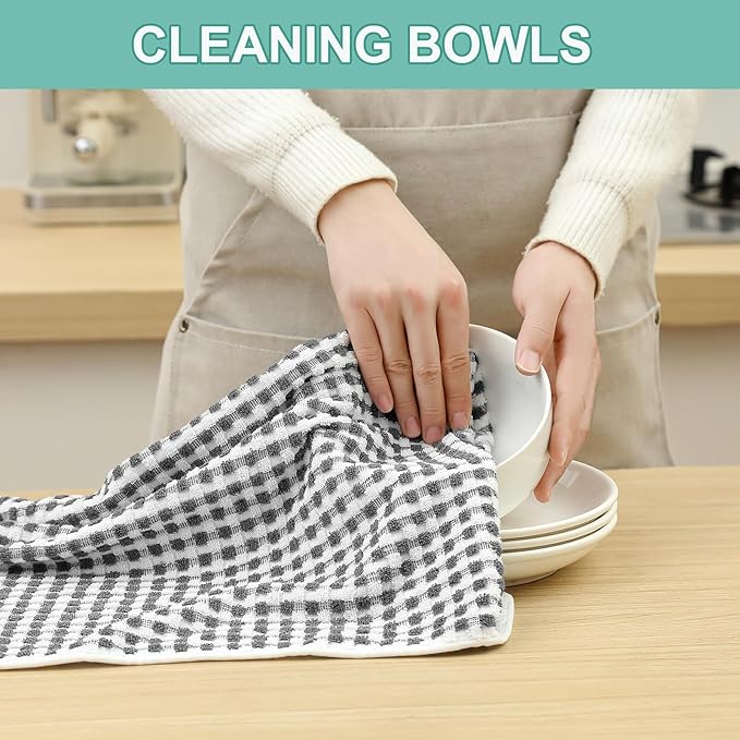 SALAS Cotton Dish Towels Cloths for Kitchen Drying Dishes, Lattice Terry Towels, Highly Absorbent Kitchen Cloths with Hanging Loop, 16‘’ x 26‘’, 4 Packs, Gray