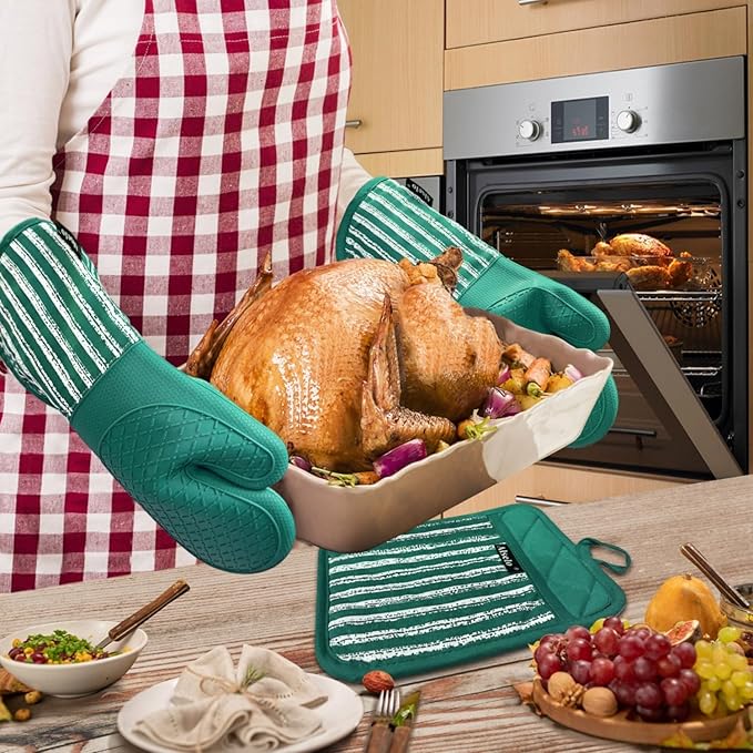 Alselo Silicone Oven Mitts Heat Resistant 932℉ with Waterproof & Non-Slip Kitchen Mittens, Set of 2 Extra Long Oven Gloves with Soft Cotton Terry Lining for Baking Cooking Barbecue (Emerald Green, 2)