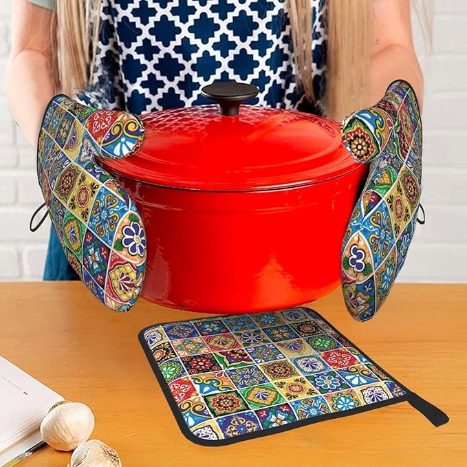 Mexican Talavera Tile Oven Mitts and Pot Holders Sets of 3, Heat Resistant Non-Slip Polyester Colorful Talavera Kitchen Gloves Gifts for Cooking Lovers, Vibrant Kitchen Decor for Baking BBQ Cooking