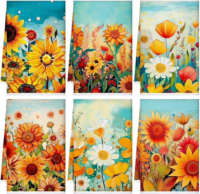 Bencailor 6 Pcs Sunflower Kitchen Towels Sunflower Absorbent Dish Towels Colorful Decorative Tea Watercloth for Summer Kitchen Cooking Home Cleaning, 16 x 24 Inches