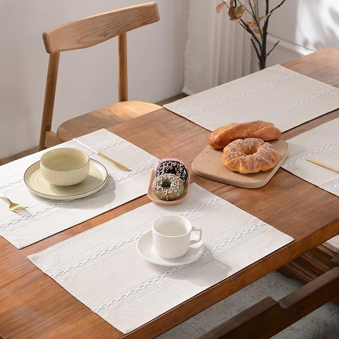 Wracra Cotton Linen Placemats, 12 x 18 Inch Set of 8 Placemats Rustic Hemstitch Place Mats for Kitchen Table and Heat Resistant-Hemstitch Ivory
