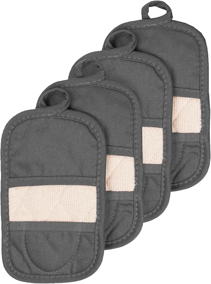RITZ Premium Pot Holders & Heating Pads (4-Pack), 8.5" x 5.5", Heat Resistant, 100% Cotton Terry-Looped Pocket, Kitchen and Barbeque, Graphite