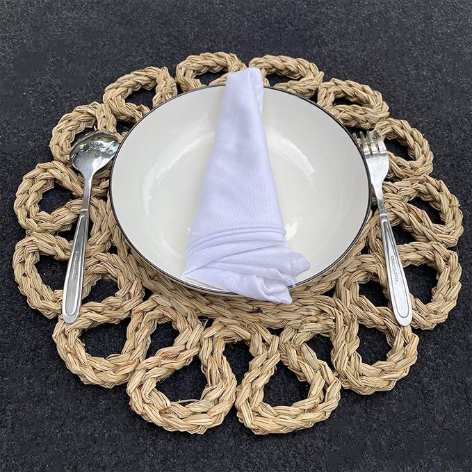 Laquedecraft 13.8" Set of 10 Round Seagrass Placemats | Boho Woven Rattan Table Mats | Farmhouse Wicker Spring Plate Chargers Like Water Hyacinth, Seagrass for Wedding, Party, Christmas, Events