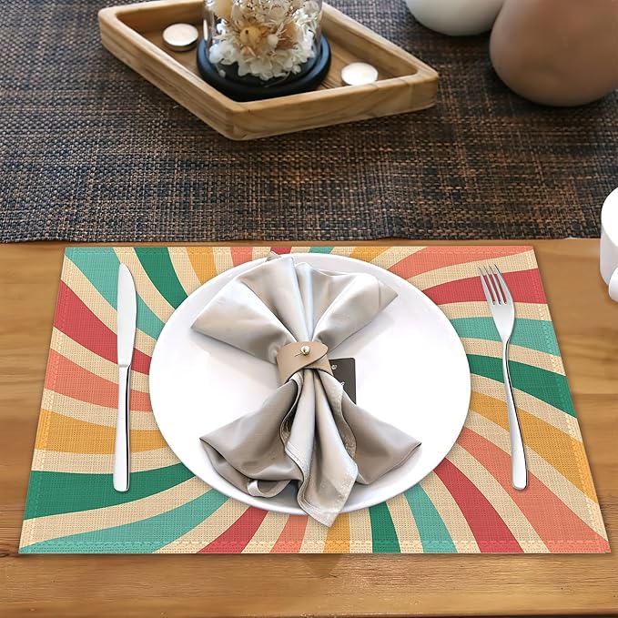 Placemats Set of 6,Retro 70s Groovy Linen Table Mats Rainbow Swirl Heat Resistant Place Mats Washable Dining Table Mats for Indoor Outdoor Kitchen Decor Easy Clean 12 x 18 Inch