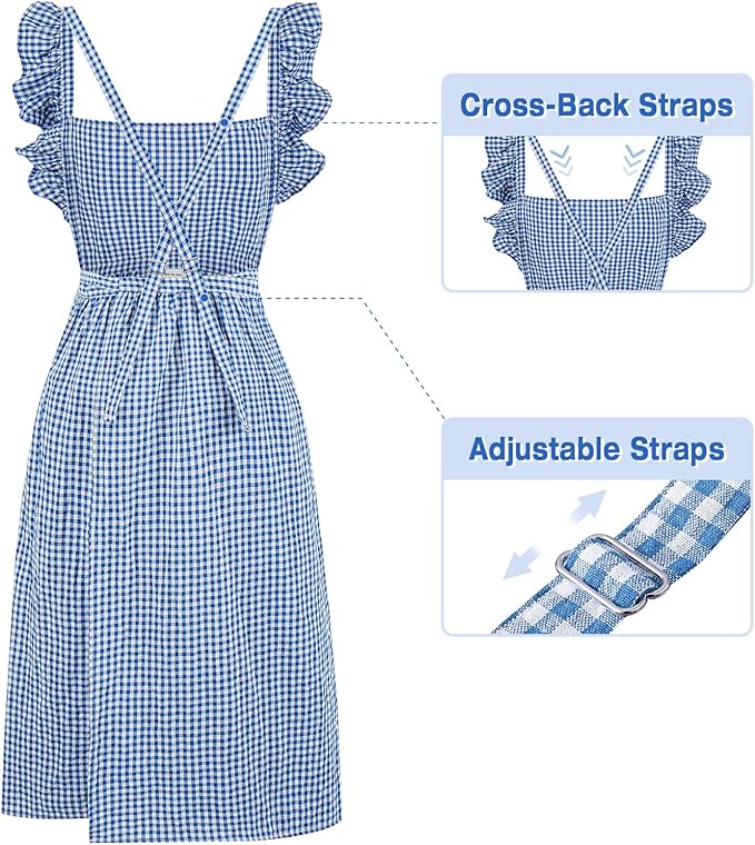 Vintage Gingham Apron for Women, Ruffle Straps, 2 Pockets, Soft Cotton, Apron Dress Style for Cooking & Baking