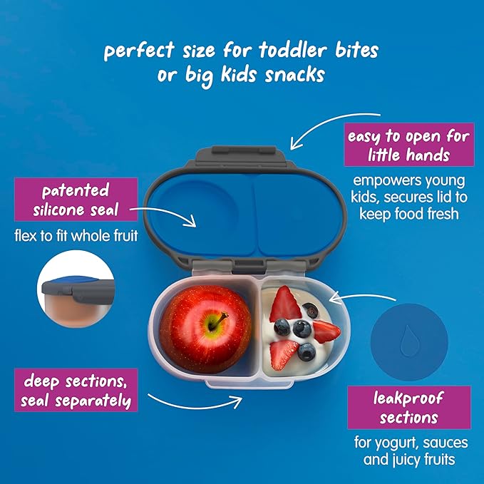 b.box Snack Box - Leakproof Mini Bento Box for Kids & Toddlers, 2 Compartment Snack Containers for Kids, Lunch Containers, Dishwasher Safe, BPA Free, PFAS Free, Ages 4m+, 1 3/4 Cup - Blue Slate