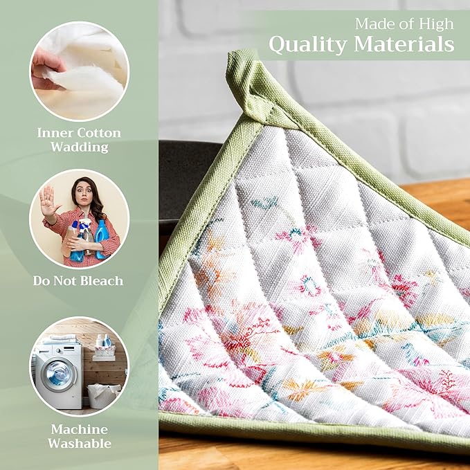 Maison d' Hermine Pot Holders 100% Cotton Heat Resistant Potholders 8" x 8" Hot Pads with Loop BBQ Cooking Baking Gifts for Mothers Day Handling Hot Pans Spring/Summer(Pack of 1, Paradise Island)