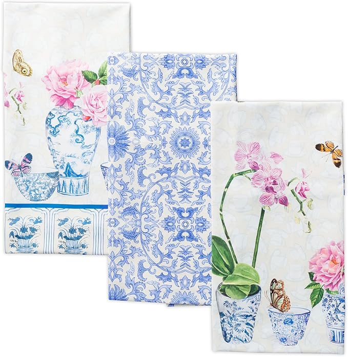 Maison d' Hermine Kitchen Towels Set of 3 100% Cotton 27.50" x 20" Reusable Cloth Tea Dish Towels Absorbent with Hanging Loop for Kitchen Gifts for Mothers Day Spring/Summer (Canton)