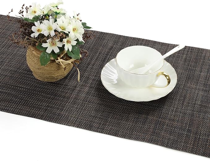 SHACOS Woven Vinyl Table Runner 12 x 54 inch Wipeable Plastic Table Runners Heat Resistant Runner for Table Indoor Outdoor, Black Brown