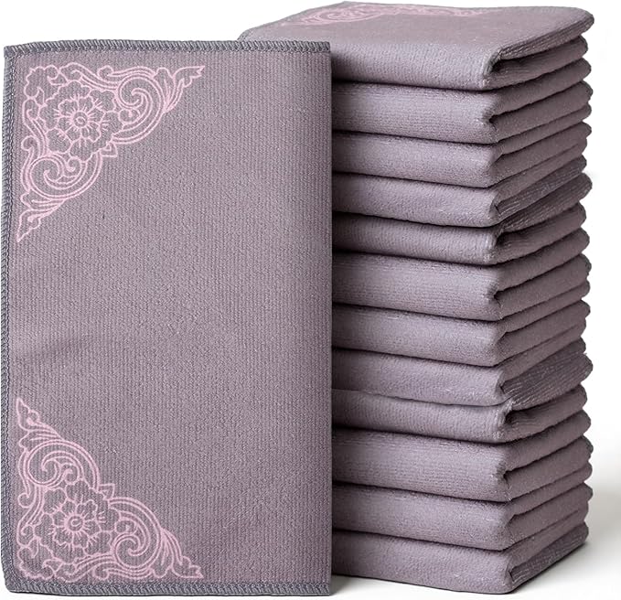 YUA Microfiber Cleaning Cloth 12 Pack,Microfiber Towels Cleaning,Microfiber Towels for Cars,Absorbent Dish Washing Cloth,Reusable Cleaning Cloths Lint Free (Gray Corner Flower)