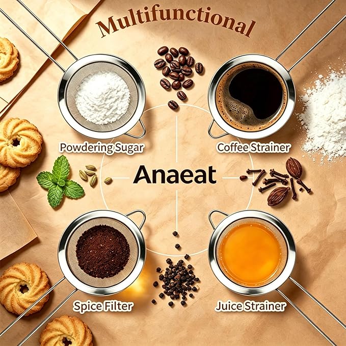 Anaeat Fine Mesh Strainers - Premium Stainless Steel Colander Sieve Sifters, with Durable Mesh and Sturdy Handle, Excellent for Sifting Dry ingredients, Flour, Pastas, Rice, Tea (2.8"）