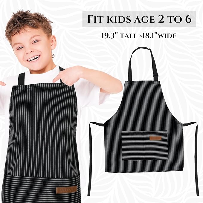 3 Pack Stripes Kids Apron, Adjustable Kids Cooking Aprons with 2 Pockets, Cute Chef Baking Aprons for Boys and Girls