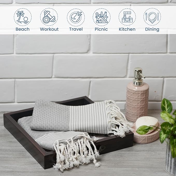 The Fine Living Co. Turkish Hand Towels - Set of 2 | 100% Cotton - Kitchen and Bathroom Decorative Hand Towels for Bath, Guest, Face, Hair, Tea, Dishcloth | 40”x18” (Gray)