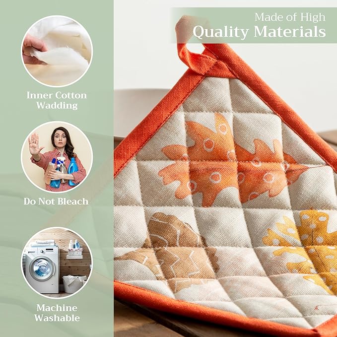 Maison d' Hermine Pot Holders Set 100% Cotton Heat Resistant Potholders 8" x 8" Hot Pads with Loop for Thanksgiving Christmas Decorations BBQ Baking Handling Hot Pans (Pack of 2, Colours of Autumn)